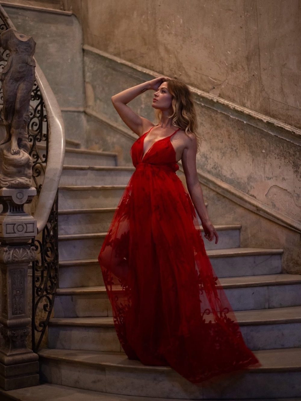 Showpo Red Floral Flock Tulle Backless Plunging Maxi Dress